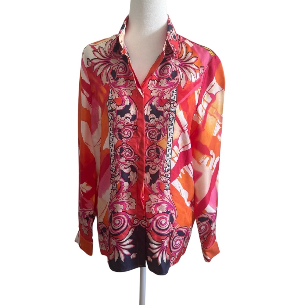 Versace collection pink orange print classic silk button down 42 Medium US6/8